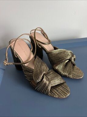 Loeffler Randall camellia pleated knot twist sandals block heels metallic gold 7